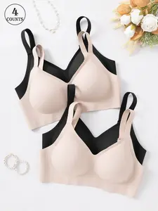 women's 4-piece solid color seamless jelly bras set, Wireless Seamless Bra, with hooks and adjustable shoulder straps, no underwire for Light Support and Smooth Back, Underwear