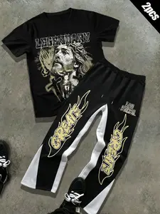 Trendy Las Vegas Theme Set, Two-Piece with Create Flame Graphic & Las Vegas Print, Perfect for Street Fashion Events