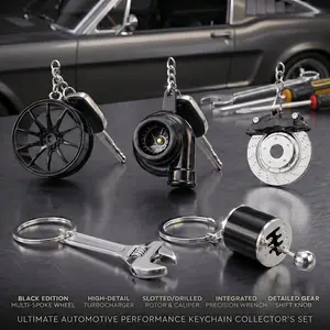 REV Keychain Set - Manual Gear Shifter Wheel Rim Spanner Turbo Brake Disc Keychain Auto Enthusiast Gift Set for Car Truck Bike Parts Keyring Black Edition High Detail