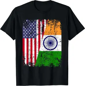 100%cotton INDIAN ROOTS | Half American Flag | USA INDIA FLAG T-Shirt