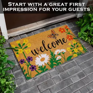 Door mat floral 16x24in, 20x32in, floral door mat, outdoor entrance welcome mat, flowers, doorway, patio, indoor, kitchen decor. Gift for family members who like butterflies, flowers, and birds.