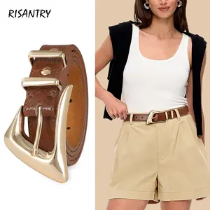 Risantry Women's Brown Textured Belt with Sculptural Gold Buckle - Polished Statement Belt for Everyday Dressing