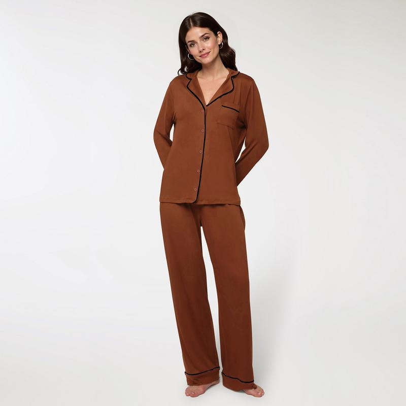 KatchMe Women's Basic Color Matching Trim Button-Up Long Sleeve Top & Drawstring Waist Loose Trousers Sleepwear Co-ord, Leisure Pajama Set for Fall & Winter