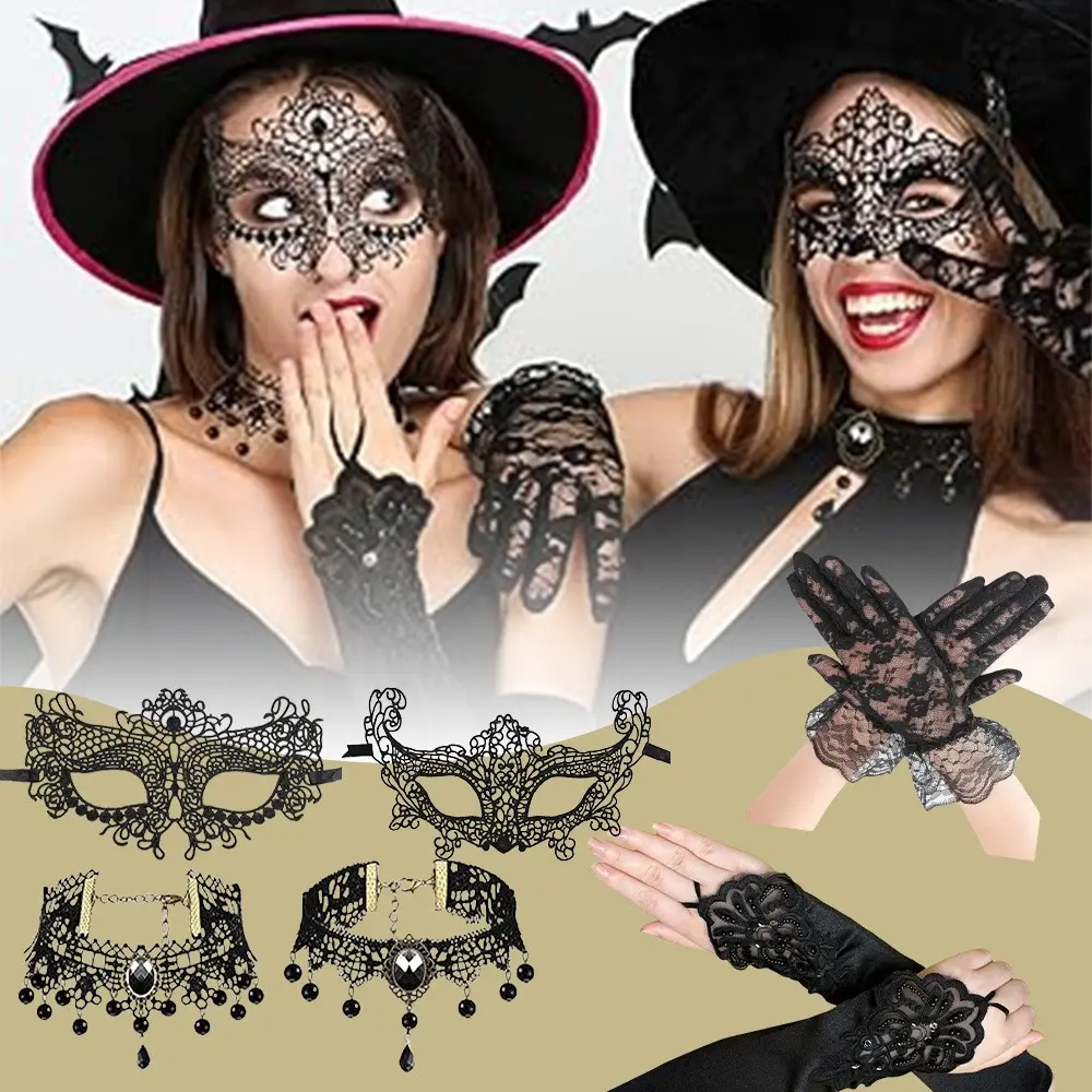 6-Piece Accessory Set for Women, Elegant Lace Masquerade Mask, Gloves & Rhinestone Choker for Party, Cosplay Outfit, Accessories, Rhinestone Shine, Six Pieces