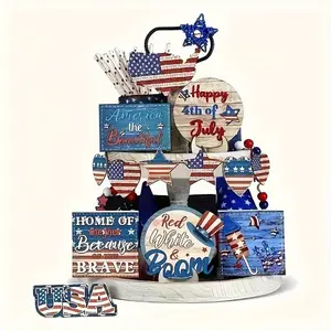 Wooden Tiered Tray Decoration, 13pcs/set Independence Day Themed Wooden Ornament, Home Decor for Living Room Bedroom Kitchen, without Tray