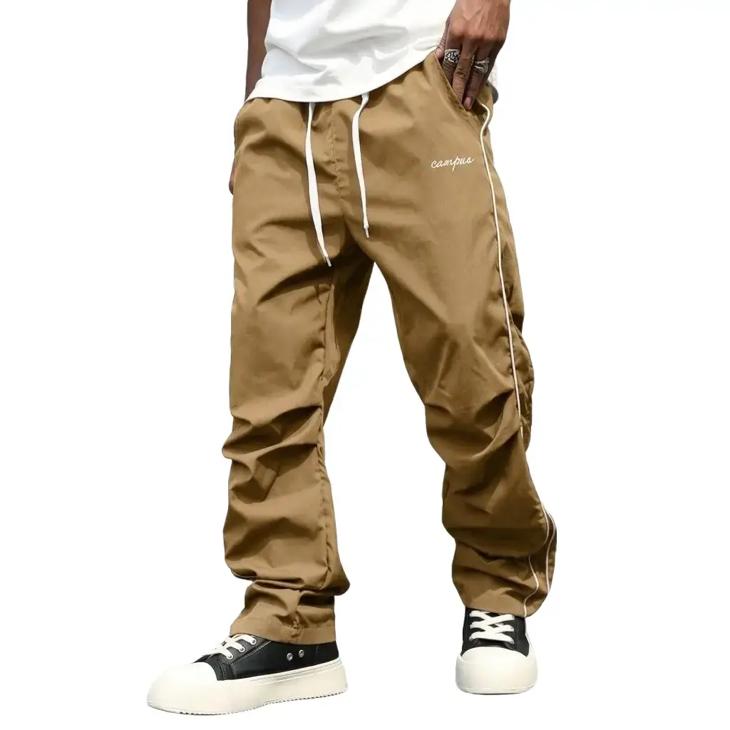 Men’s Plain Adjustable Athletic Pants - Side Stripes, Breathable Quick-Dry, Lightweight Baggy Wide-Leg, Below-Ankle Summer Campus-Style Casual, Athletic Cut, Fathers Day Gift, Athletic Cut Men's Pants, Baggy Wide-Leg Men's Pants Beige Menswear