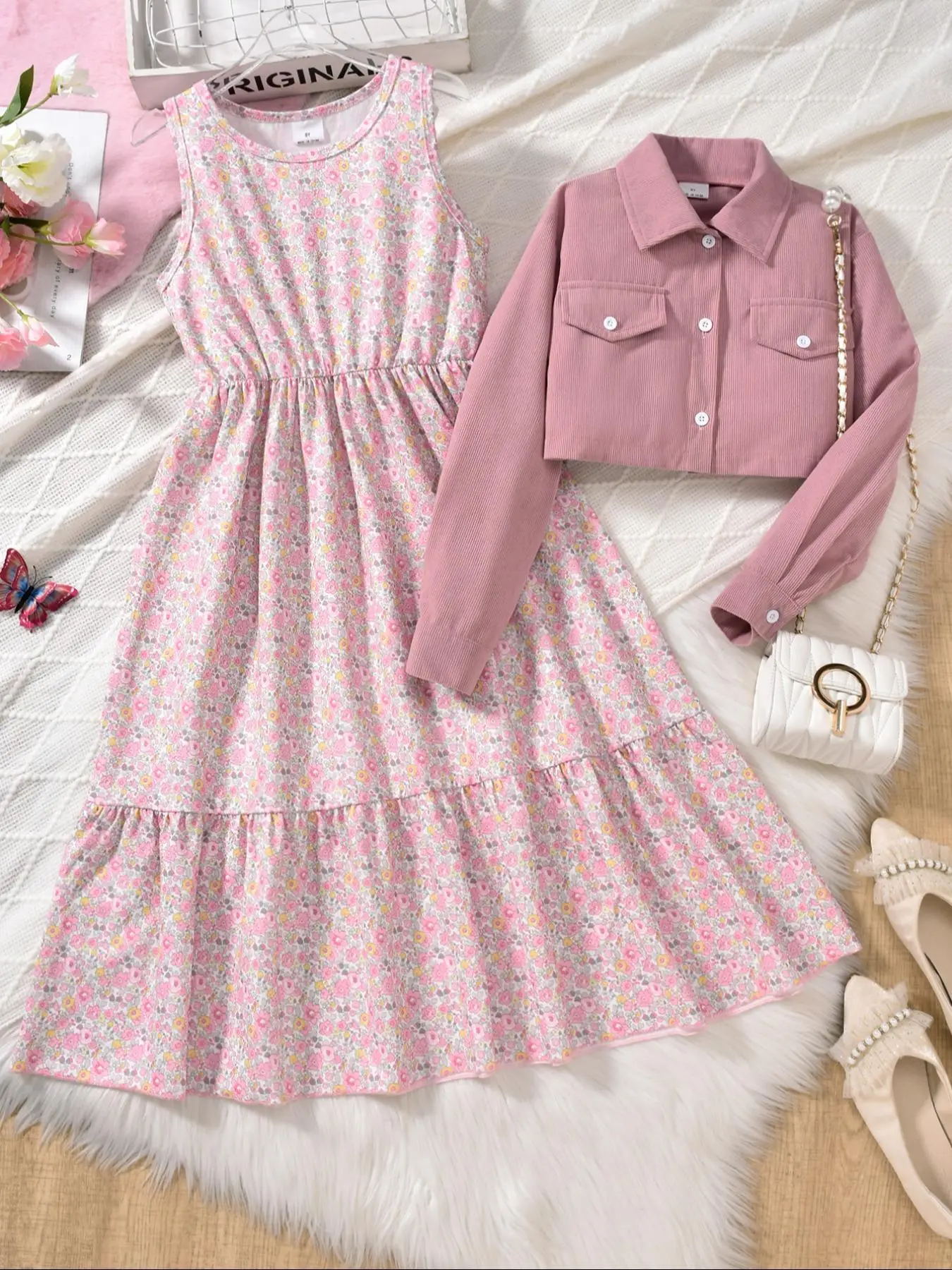 Two-piece Set Girl's Solid Color Shirt & Ditsy Floral Print Dress Set, Casual Long Sleeve Collared Top & Dress for Spring & Fall, Kids Clothes for Dai