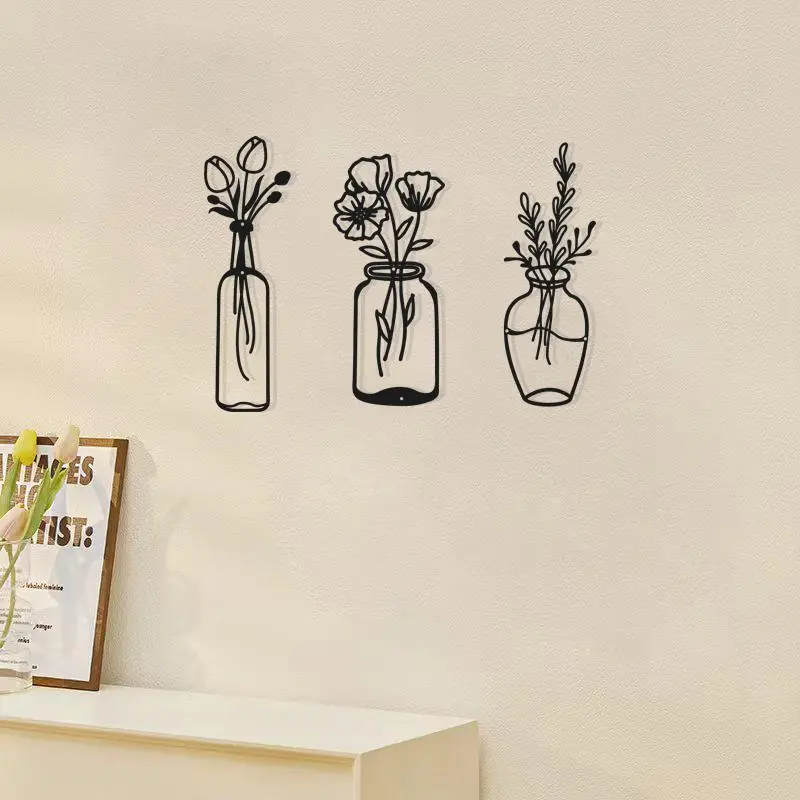 Metal Flower Vase Design Wall Decor, 3 Counts/set Modern Wall Art, Wall Hanging Decor for Home Living Room Bedroom, Home Decor