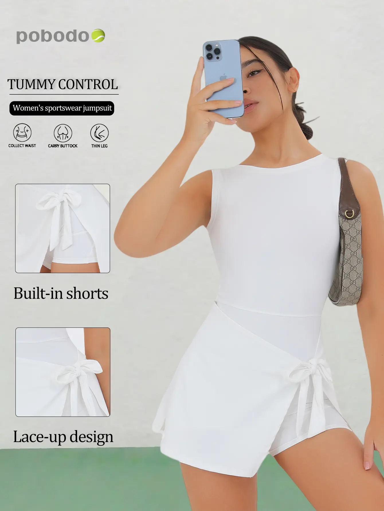 POBODO Women's Plain Nylon+Spandex Sleeveless Tennis Dress - Built-in Shorts, Tummy Control, Wrap Tie Side Athletic Skort for Tennis, Golf Workouts (Women's Clothes, Female Activewear Mini Dress), Tennis Attire, Athletic Dress