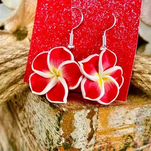 Hawaiian Plumeria Flower Earrings Dangle Silver Tone Frangipani Clay Small  Red Handcrafted Jewelry
