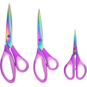 Craft Scissors Set of 3 Pack, All Purpose Sharp Titanium Blades Shears, Comfort Grip Handle, Multipurpose Fabric Scissors Tool Great for Adults, Office, Sewing, School and Home Supplies, Purple Paper Cutting Multifunctional