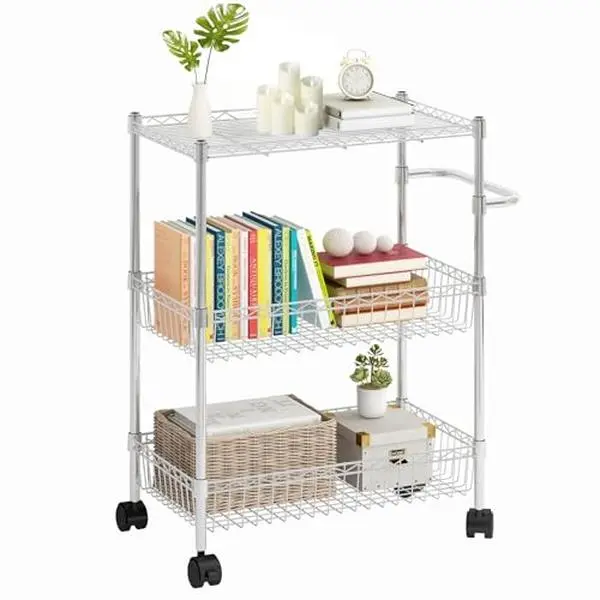 【GARVEE】3 Tier Rolling Cart with Metal Frame and Wire Shelving, Available in Chrome and Black, Features Baskets and Handles, Ideal for Kitchen, Bathroom, Office, Laundry, and Snack Storage