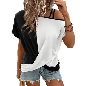 Dokotoo T Shirts for Women Twist Knot Color Block Loose Fit Cold Shoulder Tops for Women Fashion 2026