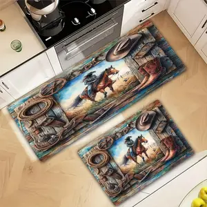 1 Piece of Retro Western Denim Design Printed Corridor Carpet, Kitchen Carpet, Entrance Living Room or Bedroom Decoration Printed Carpet Decoration, Soft Floor Mat, Suitable for Home Decoration in Indoor Living Rooms and Bedrooms, Vintage Printed Rugs