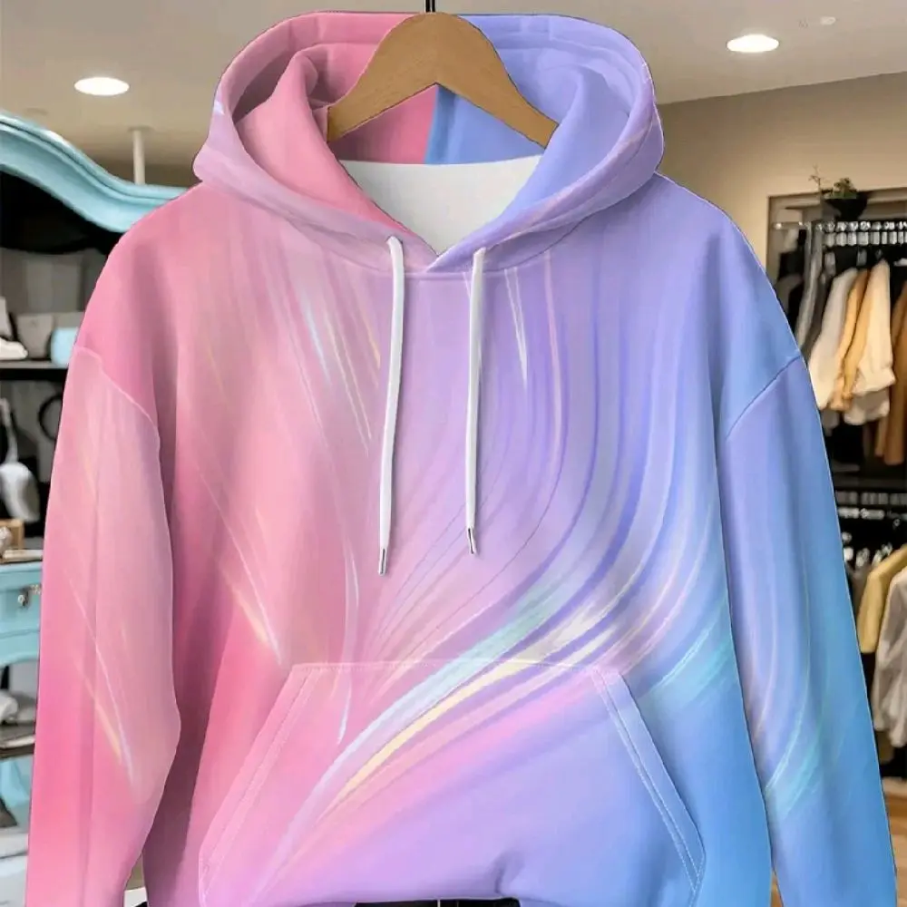 Women's Pink & Blue Gradient Hooded Sweatshirt - Full-Body Ombre Color Transition, Elastic Fabric Front Pocket & Machine Washable Sweater, Cozy Fall/Winter Casual Streetwear Top with Long Sleeve Pullover