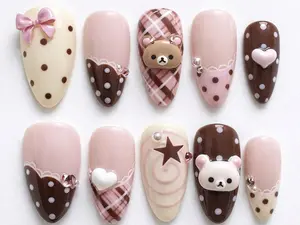 Rilakuman Bakery Coquette Nails: 3D Bear Biscuit Press On Nails, Pink Brown Plaid & Lace Detail, Almond Handmade Cute Fake Nails Set