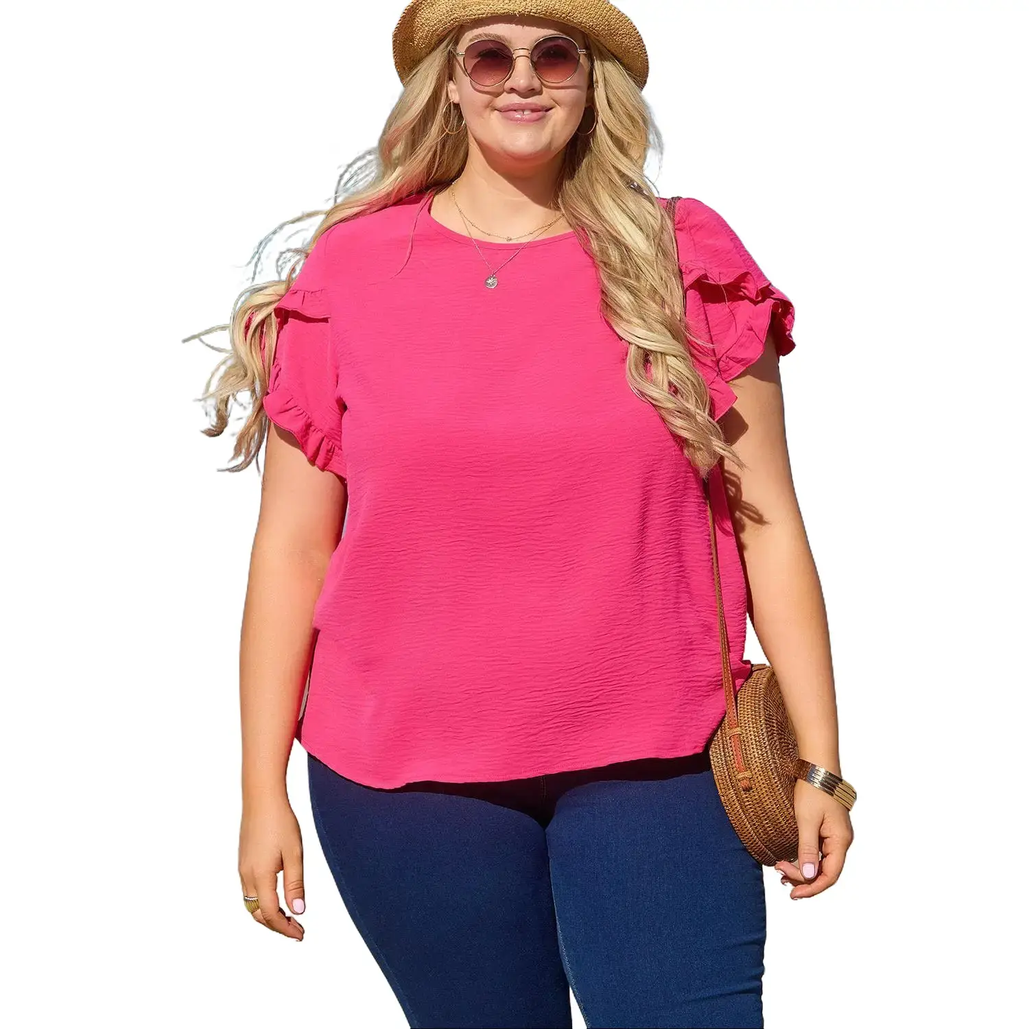 Bright Pink Ruffled Short Sleeve Plus Size Top