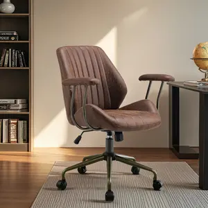 XIZZI Office Chair, Mid-Century Modern Faux Leather Chairs with Padded Armrests, Comfy High Back Swivel Rolling Executive Computer Armchair, Height Adjustable Seat