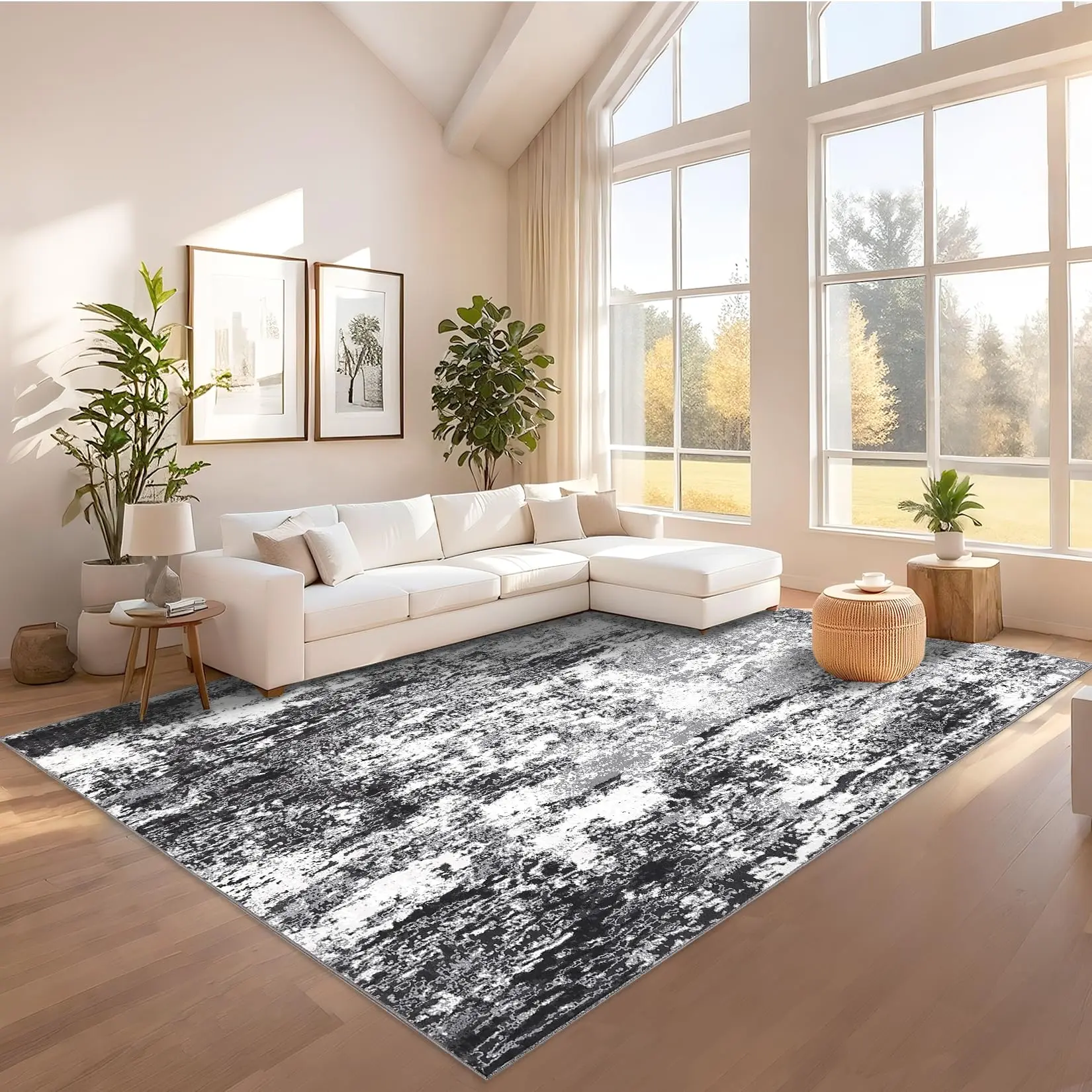 【GARVEE】Washable Area Rugs 5x7 Easy Cleaning Abstract Print Indoor Carpet, Pet-Friendly Soft Faux Wool Throw Rugs, Non-Shedding Ultra-Thin Floor Cover for Bedroom, Kitchen, Living Room, Grey Black