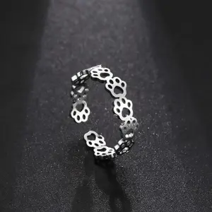Hollow cat paw print ring black stainless steel open index finger ring female jewelry
