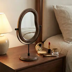 Vintage Chinese Style Wooden Vanity Mirror for Dorm Room, Rotatable Desktop Makeup Mirror with New Chinese Design, Simple and Elegant Tabletop Mirror for Women Girls, Rotating