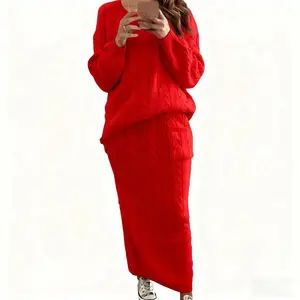 2025New sweatshirts Women's Solid Cable Knit Sweater & Pocket Skirt Set, Casual Textured Long Sleeve Round Neck Jumper & Long Skirt, Clothing, Fall Clothing,Tops & Skirts Set, Womenswear