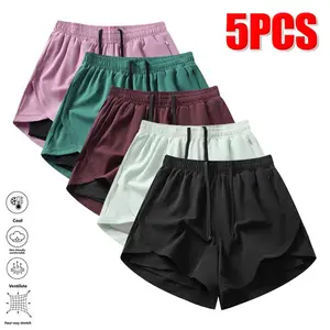 Five-piece women’s faux two-piece shorts set—solid-color, versatile casual loungewear shorts available in multiple colors with a fashionable color palette. Casual style featuring pockets and a drawstring waist; suitable for wearing as loungewear or summer