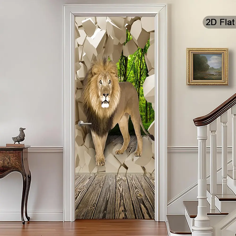 2D Lion Door Stickers, Jungle Spirit Decorative Stickers, Bold Design Poster Stickers, Dynamic Art Wall Decals for Home, Bedroom, Living Room, Office