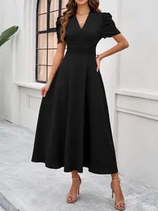 New Summer Autumn Elegant Basic Plain Ruched Fitted Long Dress, Short Sleeve Slimming Waist Design, Chic Women's Clothing