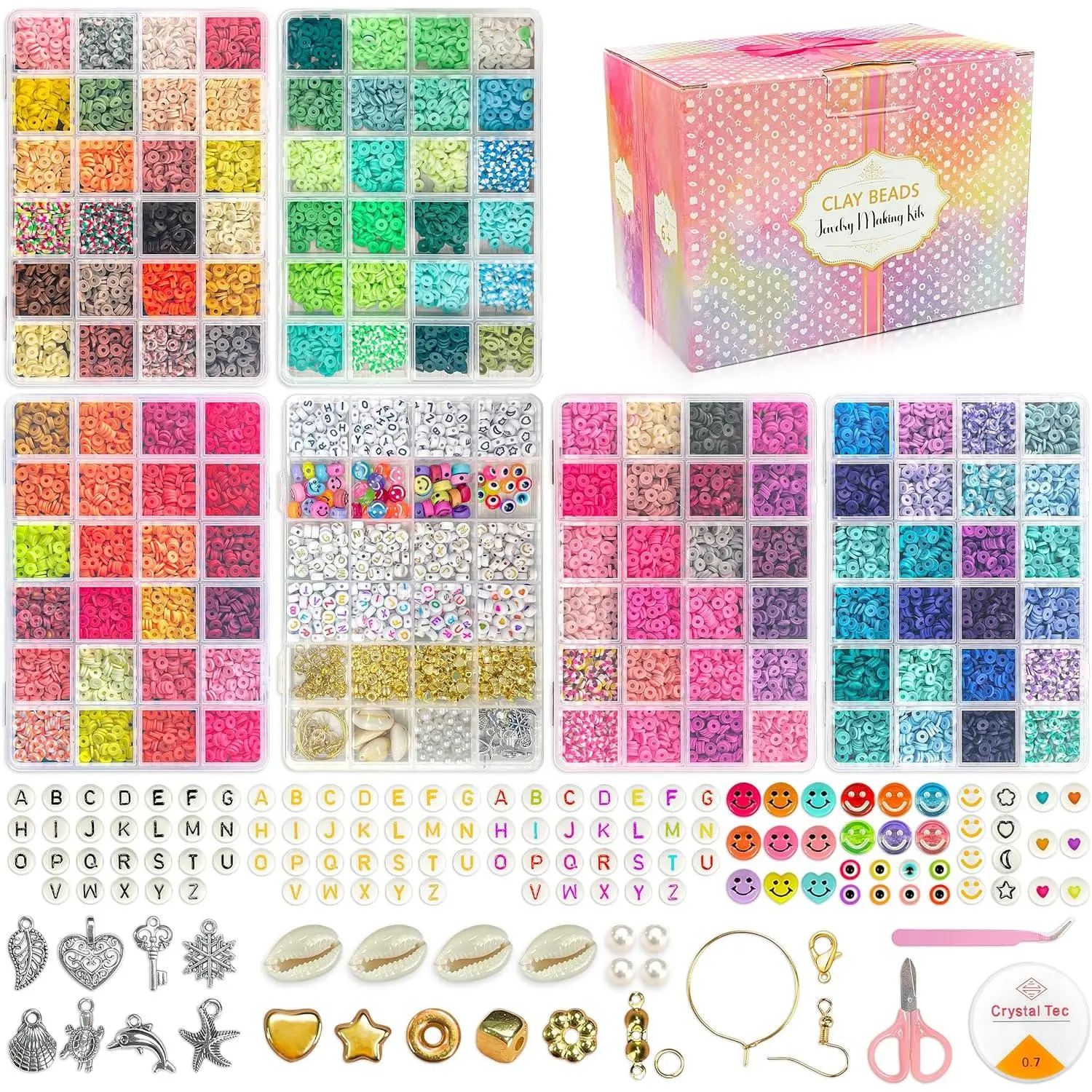 20000 count Clay Beads Kit with 120-Colors 6 Boxes Flat Preppy Polymer Heishi Beads with Pendant Charms Crafts Accessories, Friendship Bracelet Making Kit Crafts Supplies Kit  for Adults