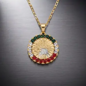 Gold plated  Divino Niño Gold Pendant Necklace - Jewelry Accessory with Red, Green, 1 White Stone
