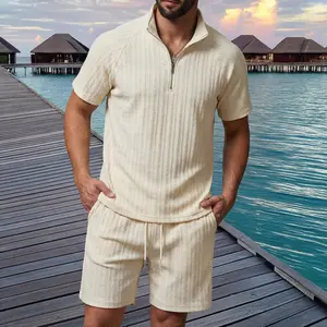 Men's Quarter Zip Textured Knit 2 Piece Set - Soft Cable Knit Top & Drawstring Waist Shorts