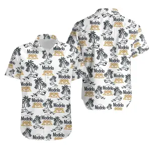Modelo Beer Hawaiian Shirt Men Women Tropical Palm Tree Print Casual Button Down Beach Vacation Summer Festival Loose Comfortable Streetwear Gift For Beer Lovers