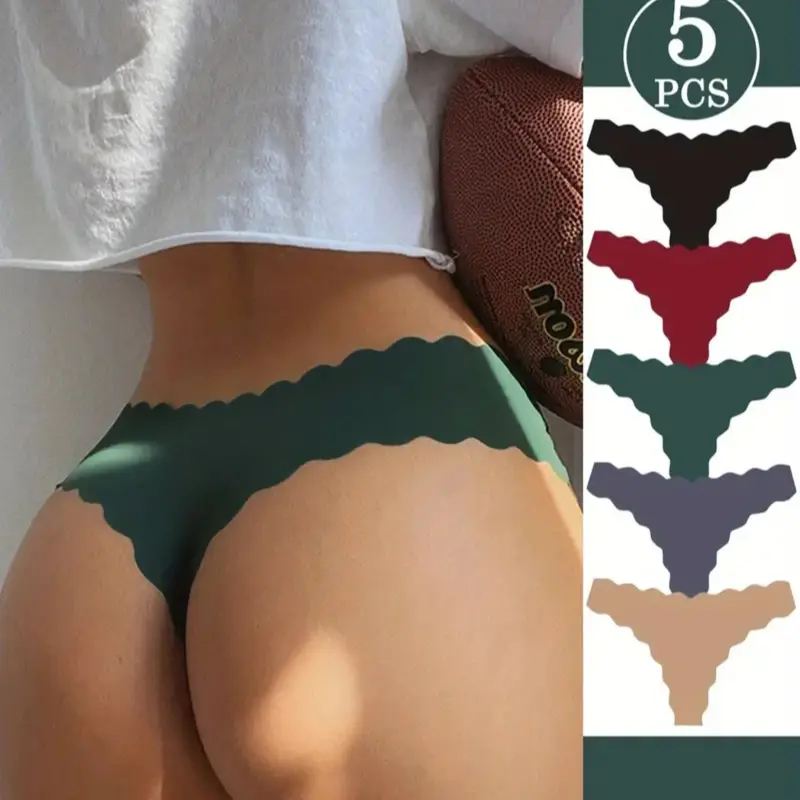 Women's Low-Rise Seamless Thong Panties 5/6 Pack, Super Soft Breathable V-Shaped Underwear with Scalloped Edge, for Fitness & Daily Wear