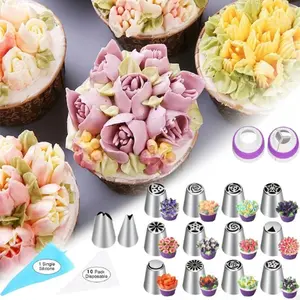 27Pcs Piping Tips Cake Decorating Supplies, Including 12 Russian Nozzle 2 Leaf Piping Tips 2 Coverter 1 Pastry for Cupcake Cookies Birthday Party DIY Baking Tools