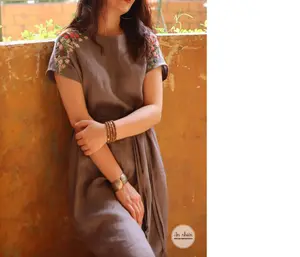 LINEN TUNIC DRESS with Wild flowered embroidery on the shoulder