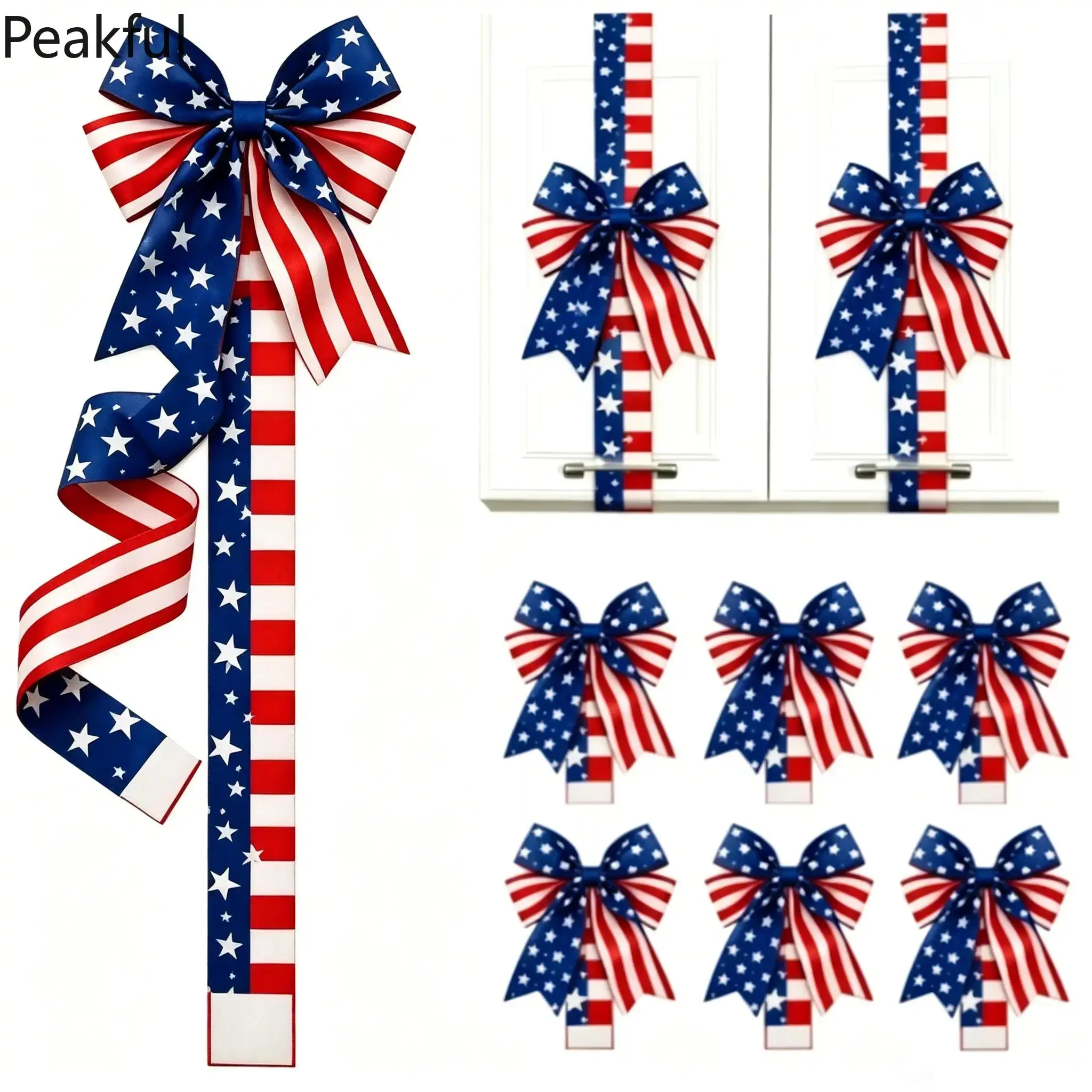 4/6/8pcs Holiday Cabinet Fringe Wreath, Trending Star Bow Ornament, Battery-Free Patriotic Decor in Classic Tones, sturdy & reusable fabric, versatile for multiple spots, great for family holiday gatherings, entryway decor and festive gift choices