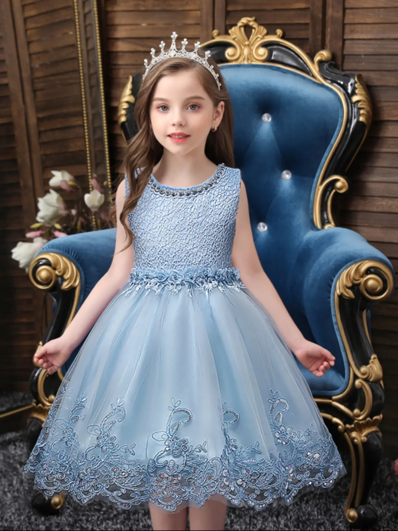 Toddler Girl's Appliques Faux Pearl Decor Contrast Sequin Tulle Fit and Flare Dress, Elegant Bow Back Sleeveless Zipper Back Party Dress for Performan