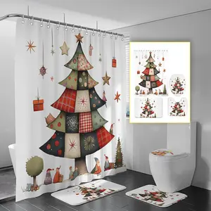 Christmas Tree Pattern Shower Curtain Set, 1 Set Including Shower Curtain & Floor Mat & Toilet U-mat & Toilet Seat Mat, Bathroom Decor Supplies