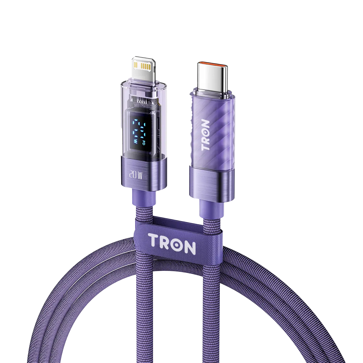20W USB-C to Lightning Transparent Cable | Digital Display | 5FT | Purple