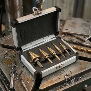5-PC Titanium Coated Step Drill Bit Set, Tool Accessories, Double-Edge Reinforced Cobalt Steel Wear-Resistant High-Temperature with Auto-Punch & Aluminum Case for Multi-Material Drilling Home Auto Repair Electrical Modification 50-Size Combination