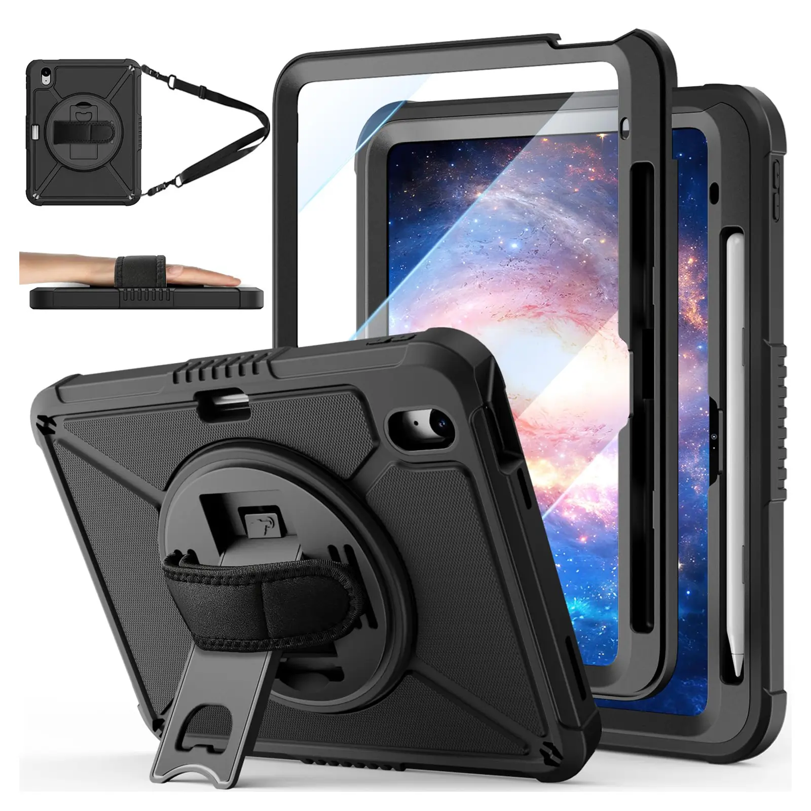 Heavy Duty Detachable Tablet Case for iPad (A16) 11th/10th Gen 11"/10.9" 2025/2022, Full-Body Drop Protection Cover with Screen Protector, 360-Rotating Hand Strap, Black