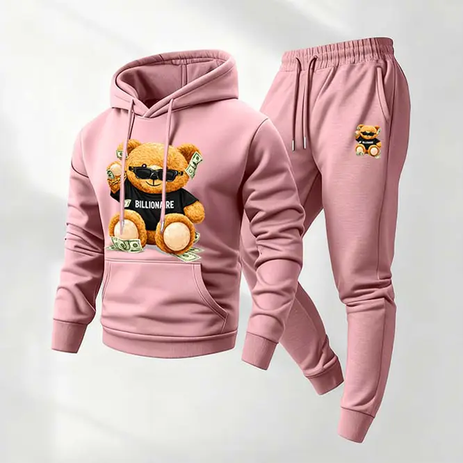 Men's Cute Sports Hip-Hop Bear Sweatpants Set, Menswear, Casual Athletic Long Sleeve Hooded Jacket & Trousers for Fall & Winter, Men's Clothing for Daily Wear, Sportswear Indoor Outdoor, Tracksuit, Athleisure
