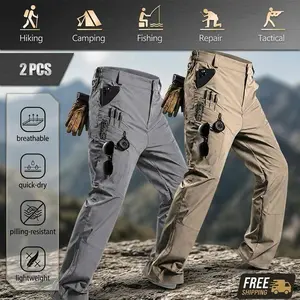 2-Pack Men’s Tactical Pants – Slightly Stretchable Waterproof Fabric, Durable Hard Shell Construction, Wear-Resistant Workwear Pants, Checkered Fabric, Suitable for Hiking, Casual Wear, and Work, Multi-Pocket Design (Belt Not Included)