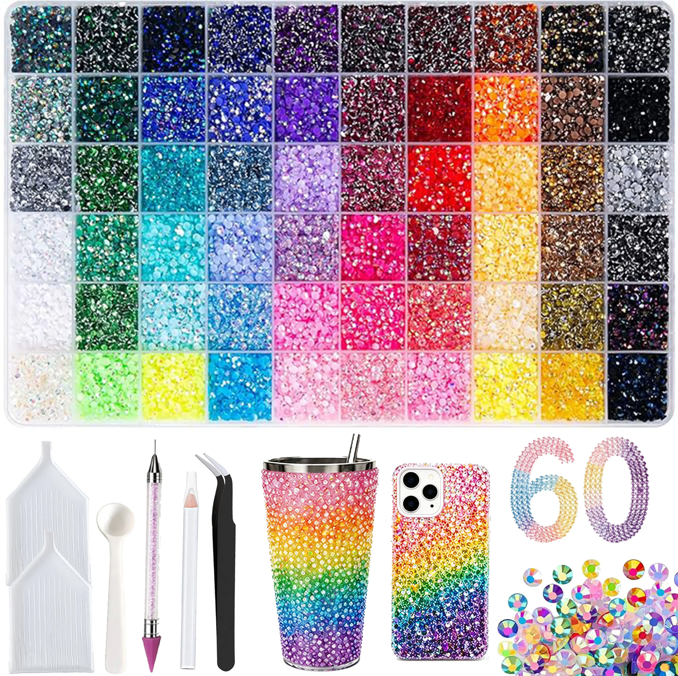 60-Color Iridescence Rhinestone Bedazzling Kit with Tools - 50000pcs 3mm Flatback Resin Gems, Nail Art Kits for Glitter Shiny Rhinestone Design & Diamond Sparkle Decoration, DIY Crafts