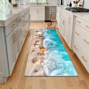 1PC ocean theme, long floor mat with wave beach shell pattern, suitable for kitchen, bathroom door, laundry room decoration, Home Decor Rug