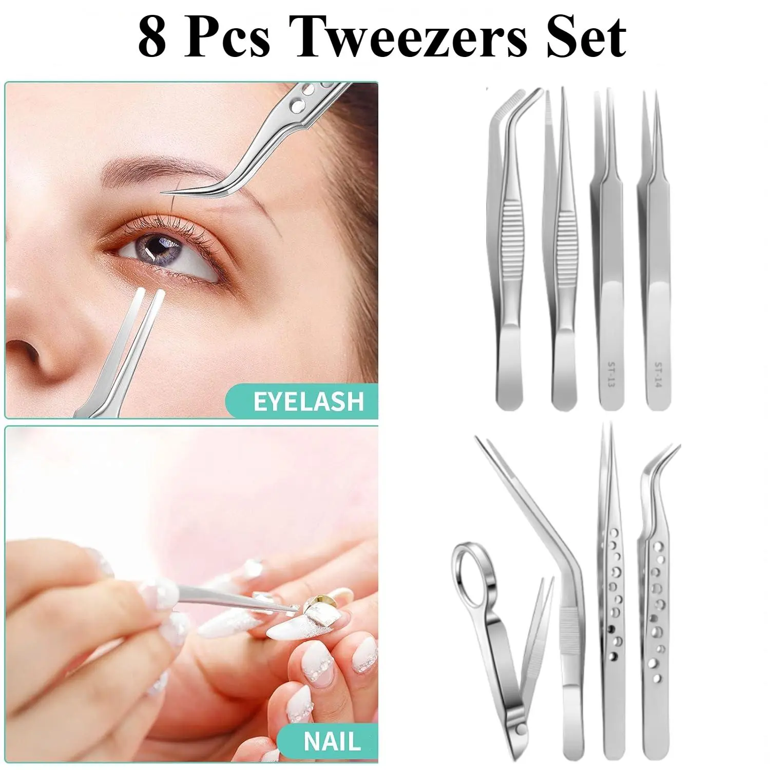 8-Pack Durable Stainless Steel Medical Tweezers Set - 8 Different Types Anti-Static Curved/Straight Tip Forceps, Insulated Anti-Slip Ergonomic Handles, Frosted Surface with 9 Holes Design, Precise & Accurate, Ideal for Laboratory Use, Nail Art