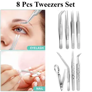 8Pack Stainless Steel Medical Tweezers Set Anti-Static Curved Straight Tip Forceps with Insulated Handles, Ideal for Laboratory and Medical Use, Sleek Metallic Finish, Ergonomic Handles