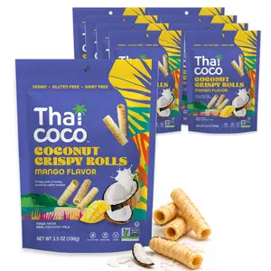 Thai Coco Mango Crispy Coconut Rolls 8 Bag (3.5 oz) - Organic Tropical Snack, Vegan, Gluten-Free, Dairy-Free, Non-GMO, Light Fluffy Healthy Snack