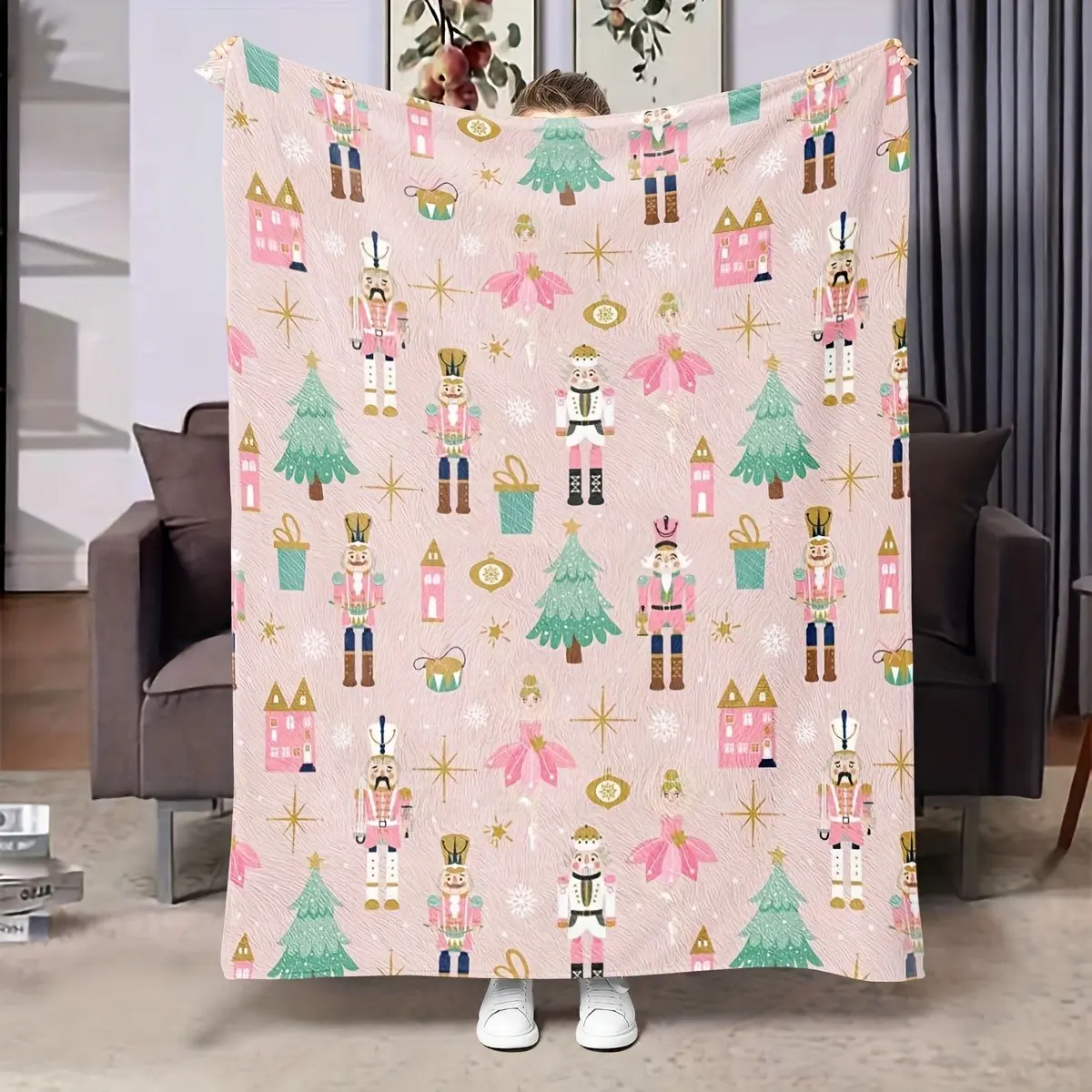 Pink Festive Christmas Nutcracker Throw Blanket, Cozy Soft Plush Flannel, Modern Holiday Decorations with Gingerbread Houses & Snowflakes, Breathable All-Season Bedding for Bed/Sofa, Machine Washable Ideal Gift for Adults, All-Season Decor